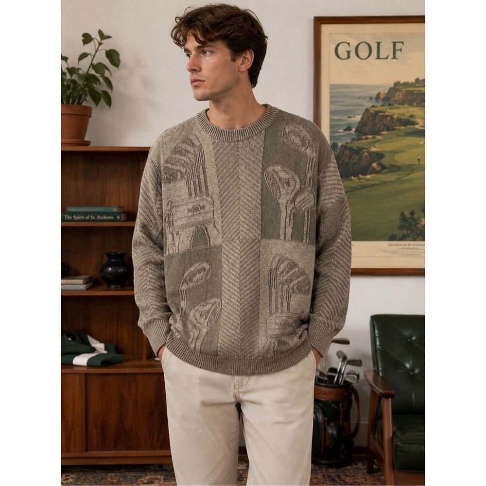 Vintage Lee Sport Golf Sweater Men’s M USA Made Cotton Knit Golf Club Graphic 90